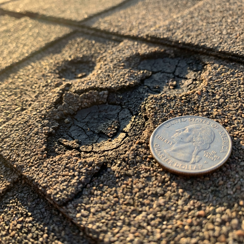 Quarter-sized hail impact damage on Wichita roof shingle